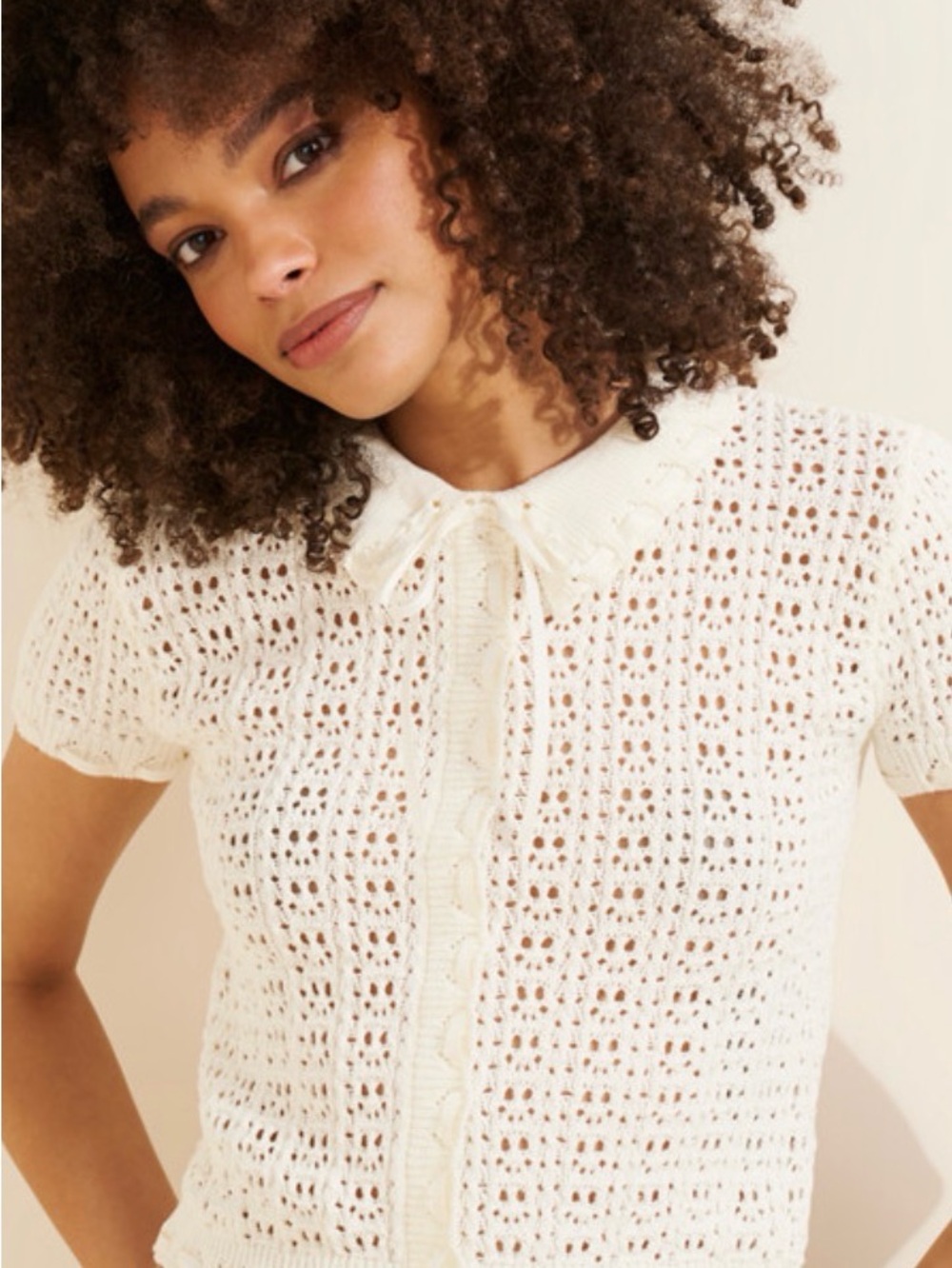 Steve Madden Acadia Cream Openwork Knit Short-Sleeve Top with Tie Collar